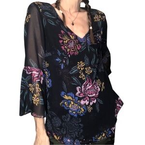 Cabi Blouse Whimsigoth Top Women Sz S Dark Floral Romantic Tunic Sheer Bell